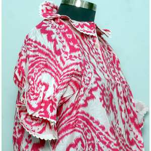 Túnica Moderna con Estampado Floral, 100% Algodón Lavable, Estilo Casual Femenino, Cuello Mandarín con Volantes, Manga Media, Mini - Product Image 5