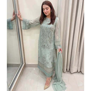 Conjunto de Dupatta y parte superior de Georgette de imitación pesada para mujer para ropa de fiesta - Product Image 6