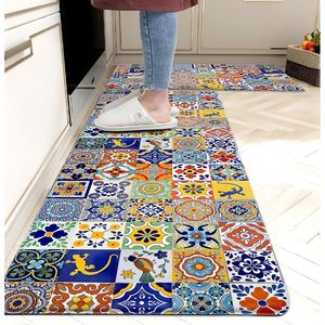Boho Chic 2-Piece <b>Kitchen</b> <b>Rug</b> Set Memory Foam Colorful Ceramic Comfort Tile Floor Mat Anti-Fatigue Non-Skid PVC <b>Runner</b> - Product Image 2