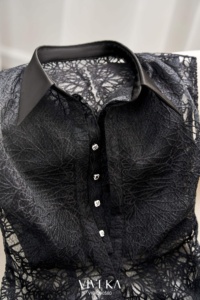 Women's <b>Black</b> <b>Sheer</b> Floral Lace Sleeveless <b>Shirt</b> Pointed Satin Collar Button Down Long Blouse Sexy Chic Summer Top SONYA - Product Image 6