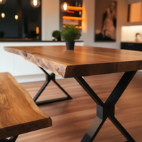Live-Edge Massivholz Farmhaus Esstisch-Set Natürliche Holzplatte Tisch und Bank Komfortables Rustikales Hartholz Esszimmermöbel