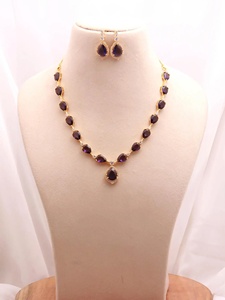 Conjunto de Collar con Forma de Lágrima, Chapado en Oro de 22K, Latón, Forma de Pera, con Diamantes de Imitación CZ, Piedra de Amatista Morada, Conjunto de Joyería para Bodas y Fiestas - Product Image 2