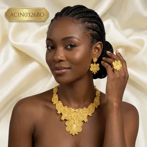 Antique 18K Gold Plated Ethiopian Women's Latest Stylish Design Short Charm <b>Necklace</b> Set Earrings <b>Rings</b> Flower Shape - Product Image 5