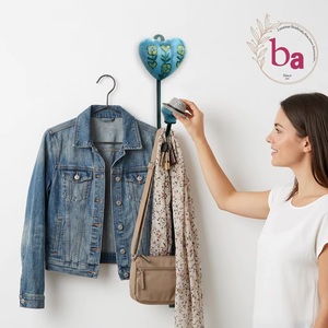 Ba Ceramic Heart Wall <b>Hook</b> Handmade Rustic Blue Floral Design Single <b>Hook</b> Coat Hanger Multifunction Self-adhesive - Product Image 6