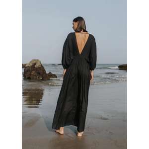 Vestido Largo Kaftán Holgado con Cuello en V Profundo Negro para Mujer, Elegante Vestido Largo para Vacaciones en la Playa o Resort - Product Image 4