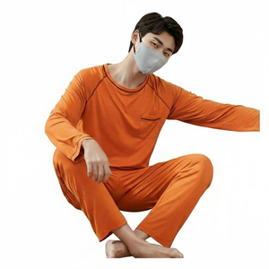 Ensemble de pyjama gris à manches longues pour homme avec poche, en coton doux, vêtements de nuit décontractés, taille élastique, pour le printemps, lavable en machine - Product Image 5