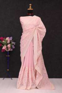 Indian Ethnic Wear Tabby Organza Silk with Sequence Multi Embroidery Work Piping Border Saree with Diamond Satin Silk Blouse - Product Image 4