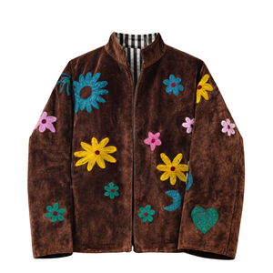 Veste bomber en velours brodée à la main pour femmes, col montant, motif floral, manteau de créateur - Product Image 1