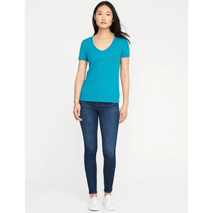 Women's V-Neck Short Sleeve Solid Color T-Shirt Slim Fit Casual Cotton Jersey <b>Top</b> Spring Summer Wear - Product Image 1
