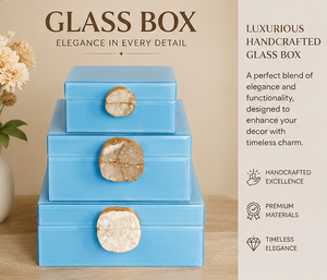 Sky <b>Blue</b> Glass Jewelry Storage Box Set with Natural Agate Stone Knob Gold Plated Accent Glossy Finish Decorative Organizer - Product Image 5