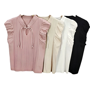เสื้อกล้ามคอปีเตอร์แพนสีขาวสำหรับผู้หญิง แขนระบาย แต่งระบาย ผ้าถักสีพื้น สไตล์ลำลอง - Product Image 2