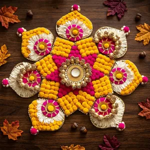 Décoration traditionnelle en coton Rangoli avec pompons roses et jaunes et perles dorées pour décoration de mariage, ensemble Rangoli - Product Image 6