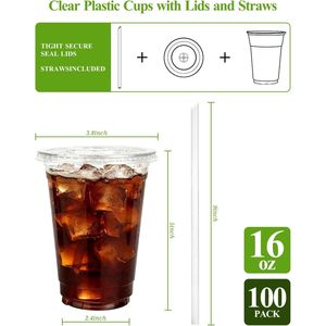 Confezione da 100 Bicchieri di Plastica Trasparente Usa e Getta da 16oz con Coperchi e Cannucce, Sicuri per Alimenti, per Bubble Tea, Caffè Freddo e Bevande Fredde - Product Image 2