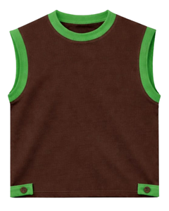 Brown Green Contrast Sleeveless Top And Shorts <b>Set</b> Men Casual Summer Outfit Drawstring Waist Comfortable Cotton Blend SoftFit - Product Image 1