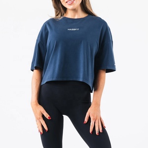 Camiseta Corta Oversize de Cuello Redondo para Mujer Massfit, Color Sólido, Ajuste Holgado, Manga Corta, Tejido de Algodón, Casual, Transpirable, Plisada - Product Image 3