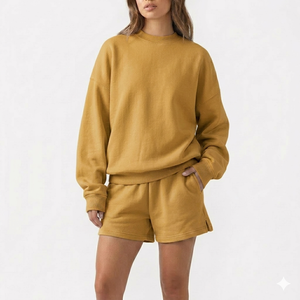 Modern Women <b>Mock</b> <b>Neck</b> <b>Top</b> With Shorts Set Relaxed Fit Casual Everyday Clothing Style Wear - Product Image 1