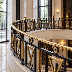 Regency <b>Black</b> and Gold Balustrade Railing with Geometric Triangle Panels and Curved Polished <b>Handrail</b> - Product Image 3