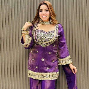 Conjunto de blusa y pantalón palazzo Cosmos Fabric Real Mirror Work con bordado y dupatta con borde de encaje, ropa étnica para mujer. - Product Image 1