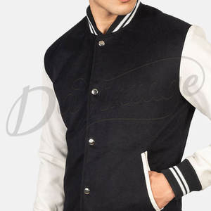 Blouson bomber varsity en laine noire pour homme avec manches en cuir véritable, poignets côtelés rayés, style classique Letterman, vêtement d'extérieur de style baseball - Product Image 1