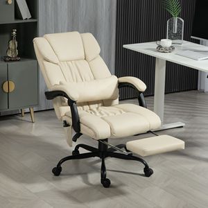 Beige High Back Reclining Office Chair with 6 <b>Vibrating</b> Points Nylon Base and <b>Remote</b> Includes Footrest and Massage Features - Product Image 2
