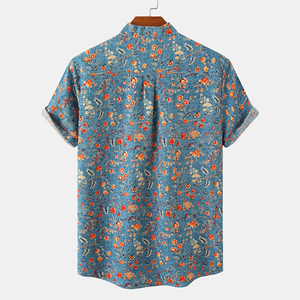Camisa Casual de Manga Corta con Cuello en V y Estampado Floral Azul para Hombre, Corte Regular, Tejido de Sarga - Product Image 2