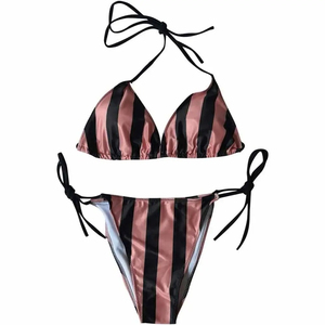 Women's Pink Black Striped <b>Bikini</b> <b>Set</b> <b>Triangle</b> Top Tie Side Bottoms 2 Piece Swimwear Stretch Fabric Fashion Beachwear - Product Image 4