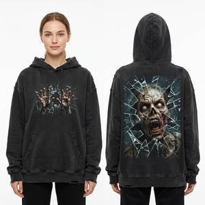 Sweat à capuche zippé marron personnalisé pour femme, motif Zombie Clown Strongman, manches rayées effet usé, délavé à l'acide, style streetwear cirque - Product Image 2