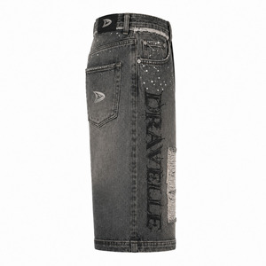 Dirty Grey Double Waist Denim Jorts <b>Men</b> / <b>Mens</b> Oversized Y2K Streetwear <b>Shorts</b> Frayed <b>Patch</b> Details Low MOQ Wholesale - Product Image 3