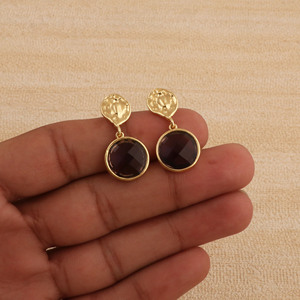 Purple Amethyst Drop <b>Earrings</b> Hammered <b>Gold</b> Plated Statement Gemstone Jewelry For Women V - Product Image 4