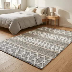Tapis rectangulaire HILTEX COT-9762 à motif géométrique, style bohème, tissage plat, fait main, rembourré, lavable, antidérapant, avec envers en latex, en coton - Product Image 1