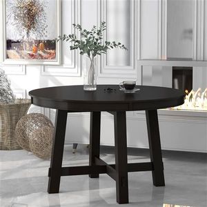 Espresso Farmhouse Round Extendable Dining Table with 16\" Leaf Wood Kitchen Table - Product Image 2