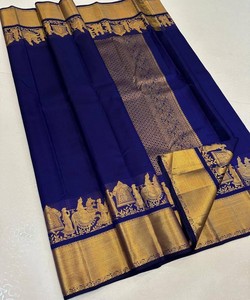 Sari de Seda Azul Rey con Borde Dorado Zari, Traje Tradicional Indio para Bodas, Estilo Banarasi, Sari Largo Hasta el Suelo para Mujer - Product Image 1
