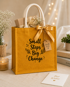Jute Shopping Bag <b>Small</b> <b>Steps</b> Big Change Print Cotton Rope Handle 40x35x15cm Mustard Yellow Reusable Tote Bag - Product Image 6