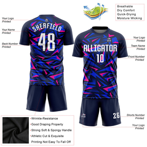 ชุดเสื้อฟุตบอลชายแบบกำหนดเอง แขนยาว ชุดยูนิฟอร์มฟุตบอลสีน้ำเงินเข้ม ลายเรขาคณิต ชุดทีม ระบายอากาศได้ดี ผลิตจากโพลีเอสเตอร์ ชุดกีฬา - Product Image 4
