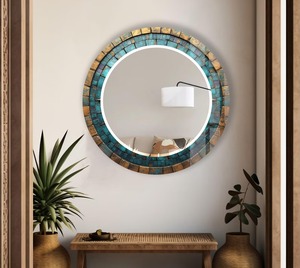 REHMAN CRAFT Turquoise & Antique Gold Mosaic Handmade LED <b>Round</b> <b>Wall</b> <b>Mirror</b> with MDF Wood & Bone Inlay - Product Image 1