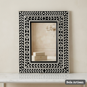 Espejo Decorativo Rectangular con Incrustaciones de Hueso Hechas a Mano, Diseño Floral en Blanco y Negro, para Decoración de Hogar de Lujo, Regalo de Cumpleaños - Product Image 1