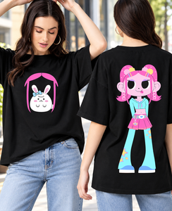Camiseta gráfica negra extragrande para mujer con estampado de conejita de dibujos animados en la parte delantera y trasera, de manga corta y algodón. - Product Image 6