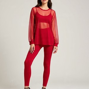 <b>Red</b> 2 Piece Yoga Set With <b>Crop</b> <b>Top</b> Full-Length Leggings High Waist Sheer Layer Cut-Out Design Seamless Breathable - Product Image 3