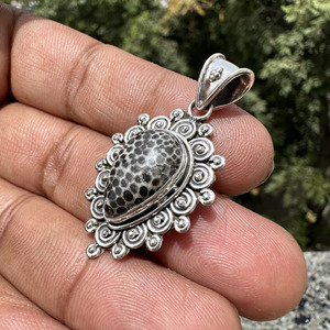 Handmade Black Coral Fossil Teardrop Pendant 925 Sterling Silver Bohemian <b>Statement</b> Filigree Pendant Wholesale Jewelry - Product Image 5