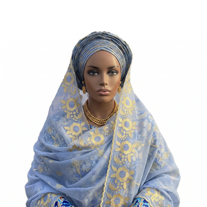 Hijab en voile de coton africain pour femmes, brodé de fleurs, orné de strass, bleu et jaune, léger, respirant, écharpe ethnique pour usage quotidien - Product Image 1
