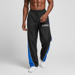 Pantalon de survêtement noir pour homme avec bande latérale bleue, taille élastique et cordon de serrage, décontracté, pour l'été, en polyester léger et respirant - Product Image 4