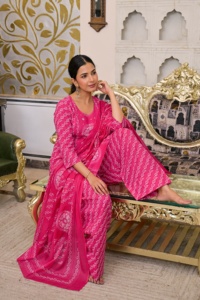 Ensemble Salwar Kameez pour femmes en coton avec imprimé numérique rose, design Farsi, manches 3/4, longueur courte, tenue de soirée, style pakistanais - Product Image 2
