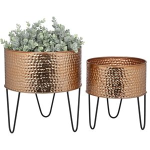 Maceta Moderna de Metal con Acabado en Cobre Martillado, Juego de 2 Macetas Redondas con Soporte de Alambre, Hechas a Mano en India, Ecológicas para Jardín - Product Image 3