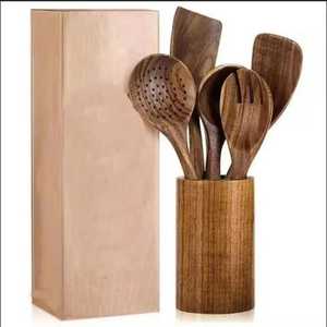 Wall-Mounted 6-Piece Teak Wood Utensil <b>Set</b> with Metal Hanging Rack Professional Kitchen Spatula and Ladle Organizer - Product Image 2
