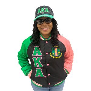 AKA Black Green <b>Pink</b> Varsity Bomber <b>Jacket</b> Women's Satin Letterman Outerwear With Embroidered Greek Style Design - Product Image 2