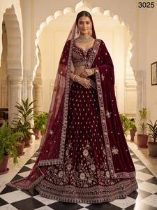 Velvet Embroidered Bridesmaid <b>Lehenga</b> Set Maroon Dupatta Floor-Length A-Line V-Neck Sleeveless Wedding Party Ethnic Dress - Product Image 1
