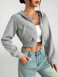 Sudadera Corta con Cremallera para Mujer, 465GSM, Algodón Grueso, Logotipo Personalizado Bordado e Impreso, Estilo Urbano - Product Image 3