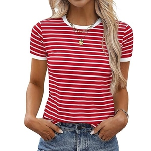 Camiseta de Manga Corta a Rayas Rojas y Blancas para Mujer, Cuello Redondo, Corte Ajustado, Informal, de Punto, de Algodón, para Primavera y Verano - Product Image 1