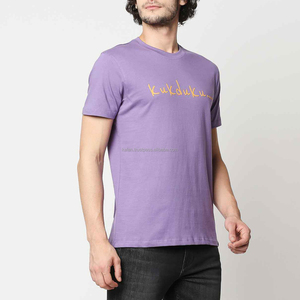T-shirt en coton à manches courtes pour homme, col rond, violet, avec imprimé lettres, coupe classique, style décontracté, jersey tricoté respirant - Product Image 2
