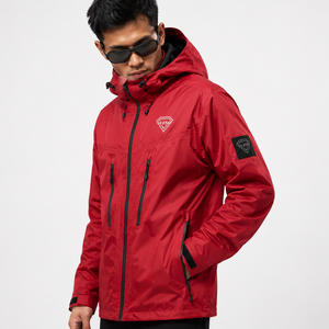OXYTAG Men's <b>Red</b> <b>Waterproof</b> Hooded <b>Jacket</b> Sporty Style with Zipper Closure and Brand Logo Front Wholesale Rate OEM Custom - Product Image 4